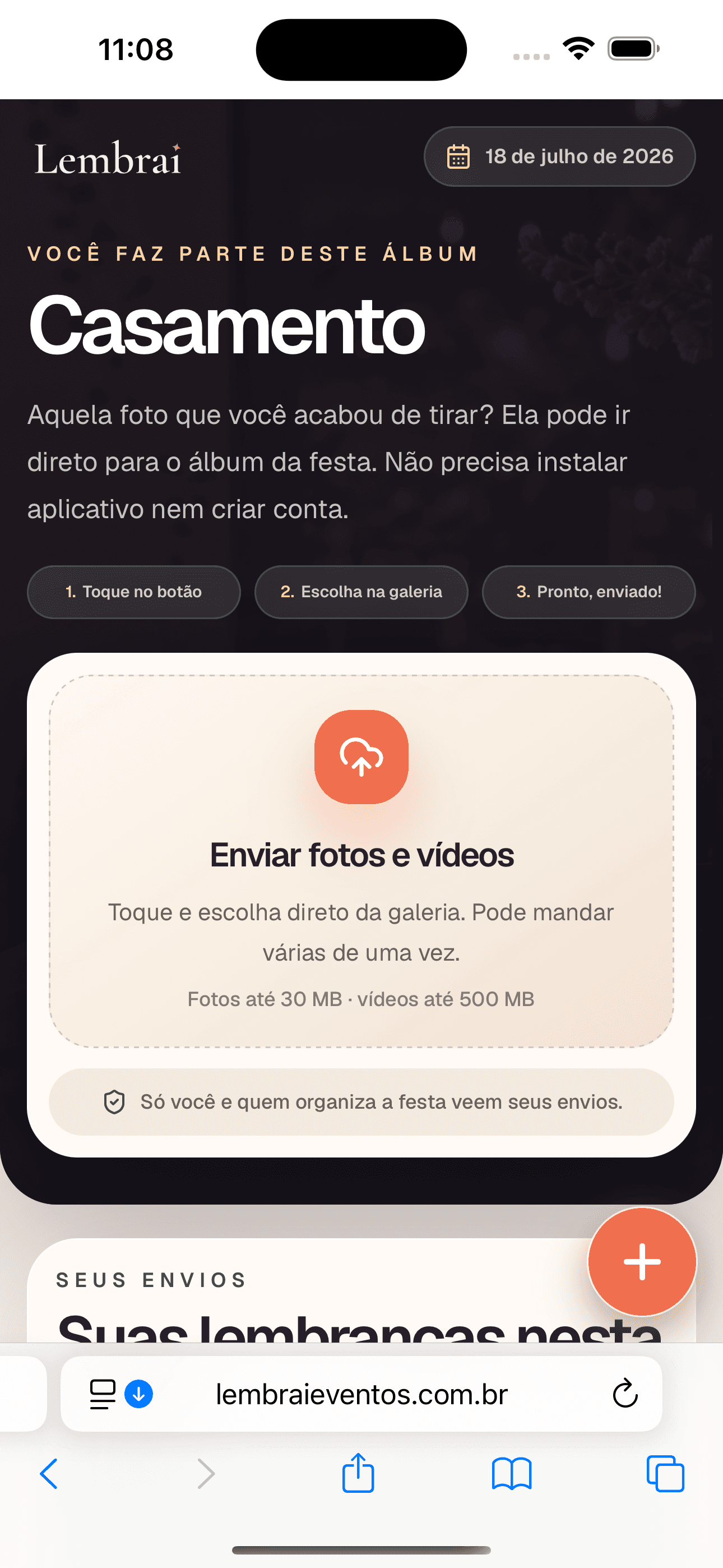 Tela real do convidado para enviar fotos e vídeos para o álbum do evento